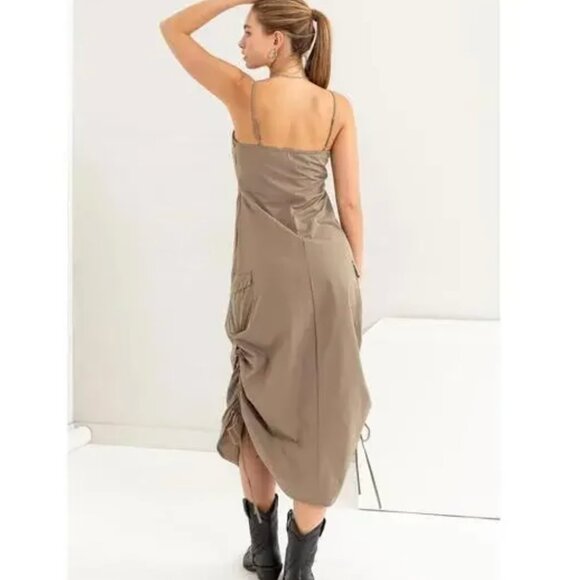 HYFVE Grunge Cargo Square Neck Midi Dress in Khaki Taupe Size M - Picture 2 of 10